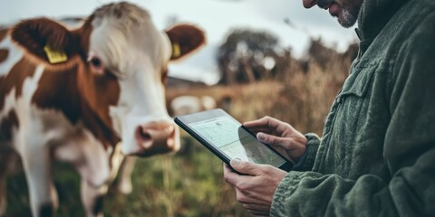 A farmer holding a tablet PC while standing in a pasture with cattle.