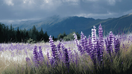 A scenic landscape of lupine and lavender flowers, apotheosis for nature, travelling or floral themed projects.