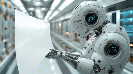Fototapeta premium Futuristic Robot Analyzing Data Sheet in HighTech Environment Advanced Technology Artificial