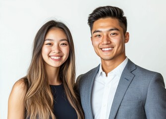 Duo business partnerships man and woman standing together in front of plain white background, pose confidently, symbolizing power of partnership and mutual respect.