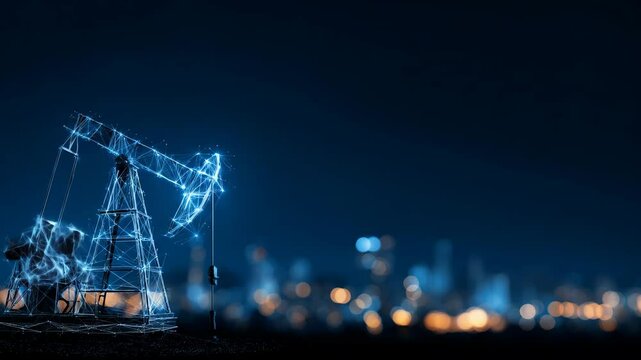 Digital oil pump extraction rig at night in city skyline. Future of sustainable energy production, petroleum engineering, oil and gas industry concept
