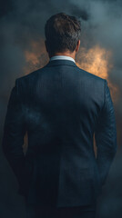 A determined businessman in a suit stands at a dark clouds crossroads, gazing into a brewing storm, symbolizing potential business risks, challenges, and an uncertain future ahead.

