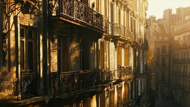 Old European city buildings bathed in golden sunlight.  Detailed, warm facade with ornate balconies and shadows