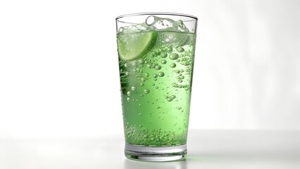 Green Carbonated Drink with Ice and Lime in Clear Glass on White Background

