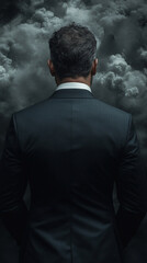 A determined businessman in a suit stands at a dark clouds crossroads, gazing into a brewing storm, symbolizing potential business risks, challenges, and an uncertain future ahead.

