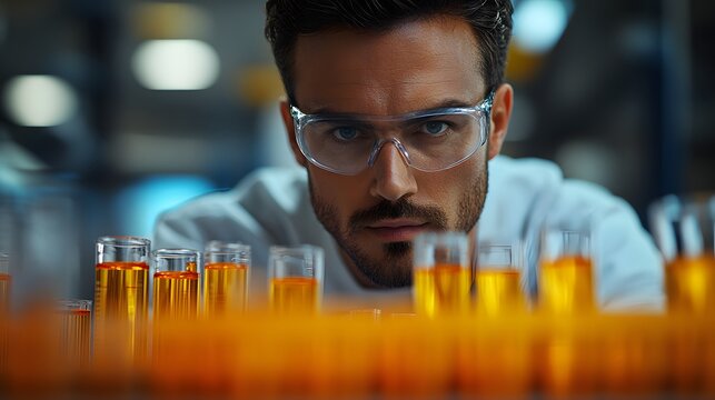 A biochemist conducting an experiment in a lab, adding chemicals to test tubes while recording observations. The sterile lab setting emphasizes the precision required in biochemistry research.