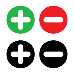 plus and minus icon.
Add and subtract symbols in circular shapes. Buttons for voting, selecting elections. For web and app. Vector