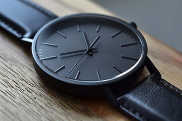 Simple wristwatch featuring a sleek, matte black face on a leather strap
