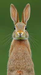 Fototapeta premium Standing hare poses, green background, detailed fur texture