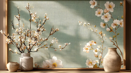 Soft, serene floral artwork on a light teal background, with delicate blossoms and branches, and neutral-toned pottery