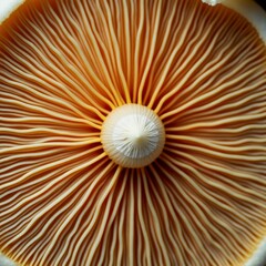close mushroom cap cap round has white center small white flower like structure center outer edge cap covered orange colored wavy lines create striped pattern lines evenly spaced run diagonally