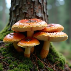 Fototapeta premium group orange mushrooms growing bark tree forest mushrooms round cap white underside red center caps covered small white spots which appear fungus tree trunk covered green moss few twigs twigs