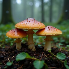 Fototapeta premium three orange mushrooms growing forest mushrooms round cap small white spots top white stem growing bed dark soil small green leaves scattered around background blurred appears dense forest trees