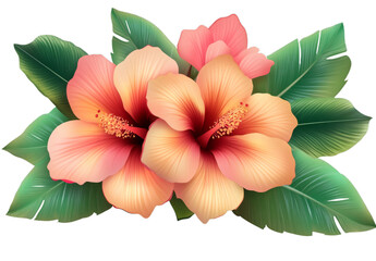 Bright hibiscus flowers in shades of peach and coral are surrounded by large green leaves, creating a stunning tropical arrangement suitable for festive decor or enhancing natural ambiance