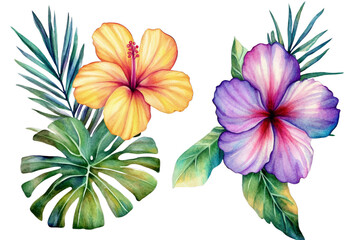 Vibrant yellow and purple hibiscus flowers stand out against a backdrop of green leaves. The watercolor style enhances the tropical feel, making it ideal for decorations or design elements