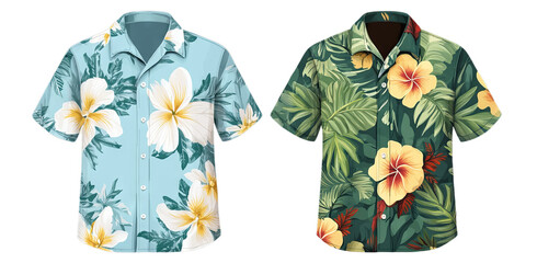 Two stylish short-sleeve shirts display bold floral patterns and vibrant colors, ideal for warm weather and outdoor adventures. Their eye-catching designs make them suitable for casual gatherings