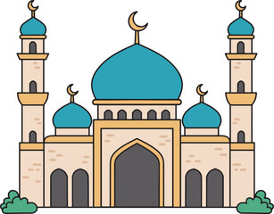 Illustration of a mosque with minarets and a dome