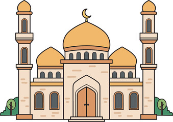 Illustration of a mosque with minarets and a dome