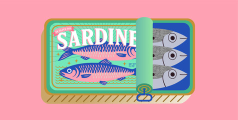 Fototapeta na wymiar Sardines. Summer. Italy. Amalfi. Canned food. Vector modern Mediterranean sea italian fish illustration in can for poster, banner, cover, icon, print or sticker