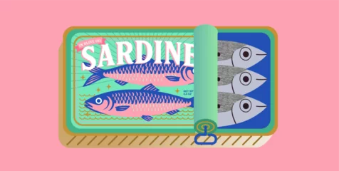 Gardinen Sardines. Summer. Italy. Amalfi. Canned food. Vector modern Mediterranean sea italian fish illustration in can for poster, banner, cover, icon, print or sticker © Ardea-studio