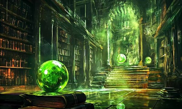Mystical Library with Glowing Orbs: A Realm of Magic and Ancient Knowledge