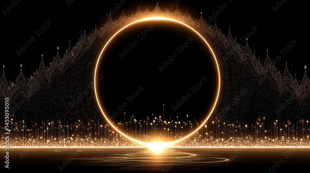 Poster abstract digital background featuring a glowing circular interface with intricate patterns, represen
