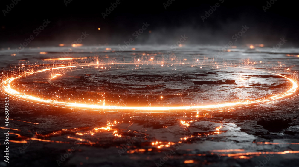 Poster abstract digital background featuring a glowing circular interface with intricate patterns, represen