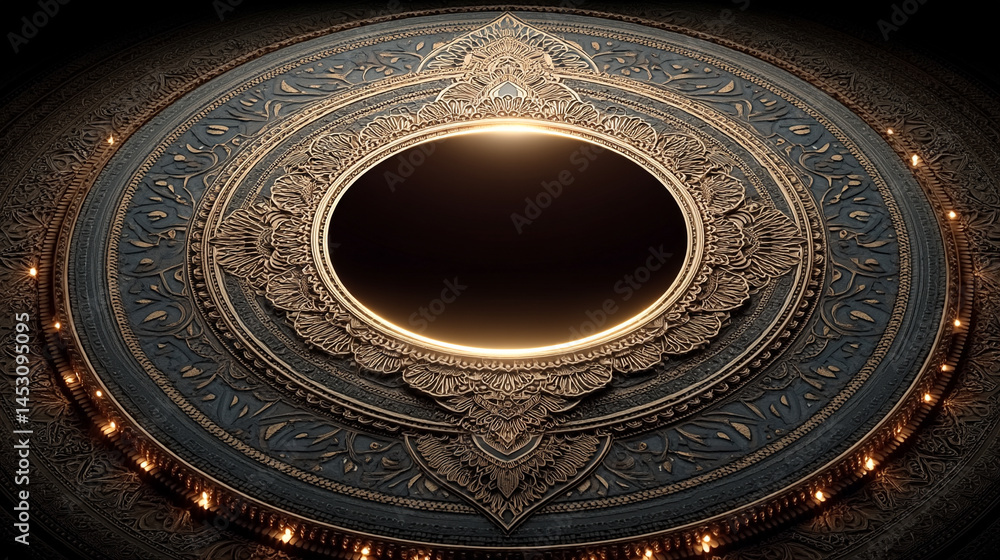 Poster abstract digital background featuring a glowing circular interface with intricate patterns, represen