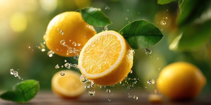 Fresh lemons splash in garden, refreshment. Food, nutrition, healthy drink