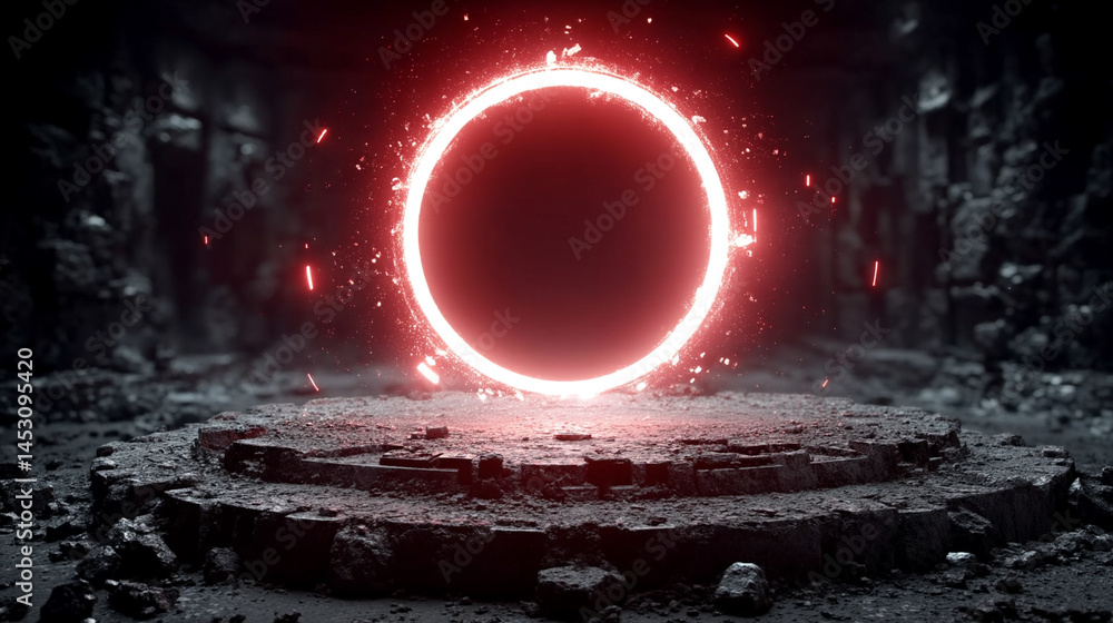 Poster abstract digital background featuring a glowing circular interface with intricate patterns, represen