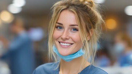 A healthcare professional with a bright smile wearing scrubs and a mask under the chin ready