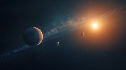 Solar System in Twilight: The solar system bathed in the soft light of twilight, with the planets glowing softly against the darkening sky. 
