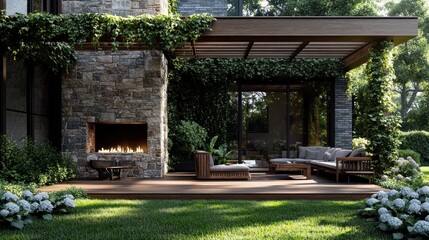 Modern outdoor patio with stone fireplace and pergola