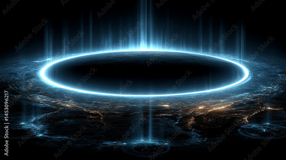 Poster abstract digital background featuring a glowing circular interface with intricate patterns, represen
