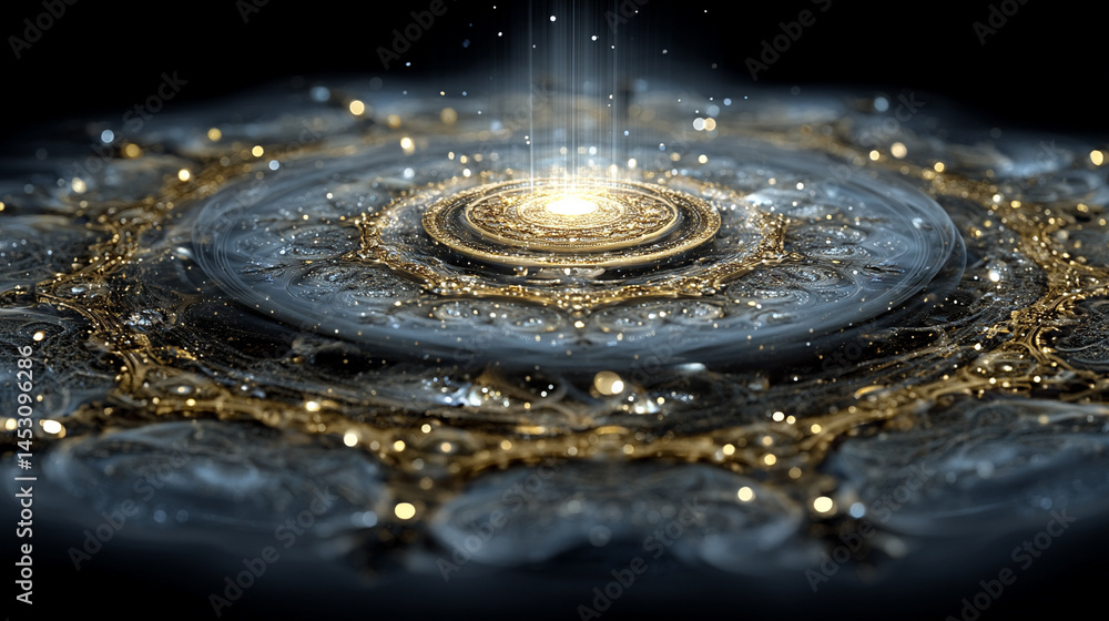 Poster abstract digital background featuring a glowing circular interface with intricate patterns, represen