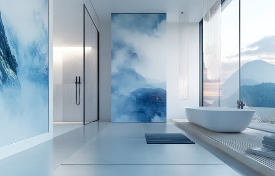 Interior of modern bathroom with white and blue walls, tiled floor, comfortable bathtub and double sink.