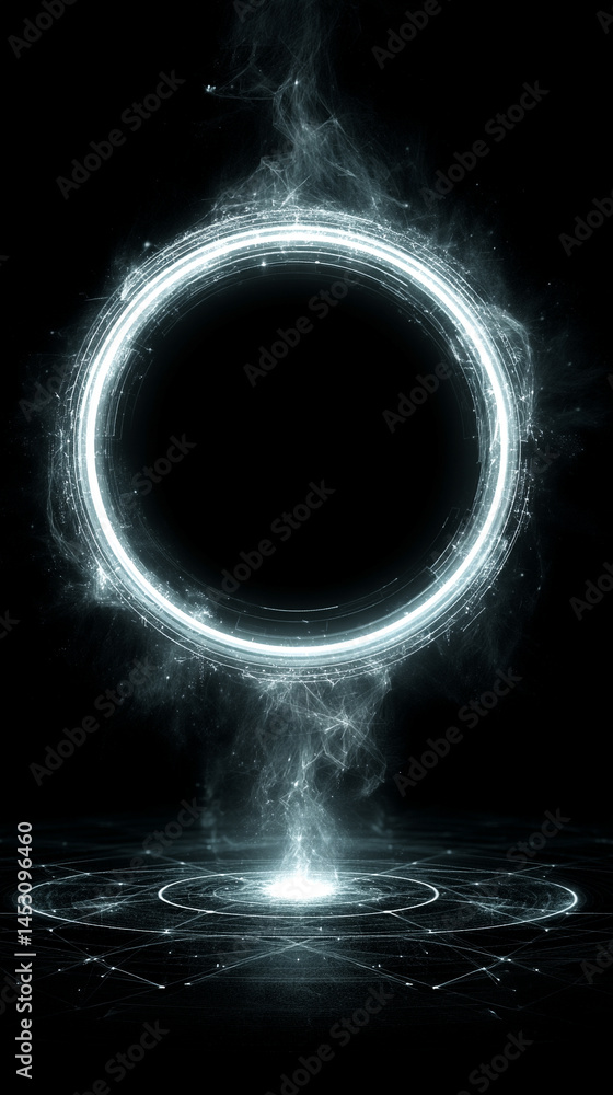 Poster abstract digital background featuring a glowing circular interface with intricate patterns, represen