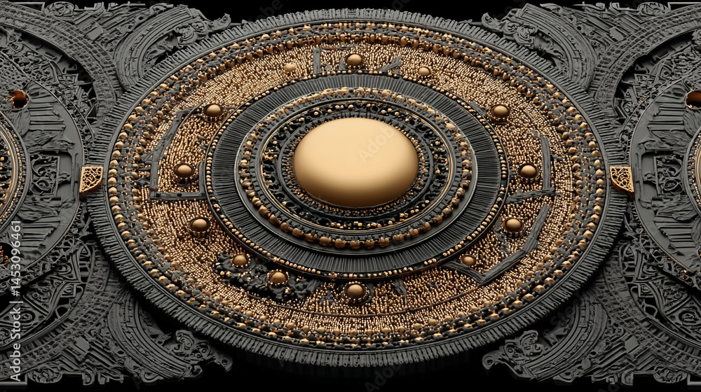 Poster abstract digital background featuring a glowing circular interface with intricate patterns, represen
