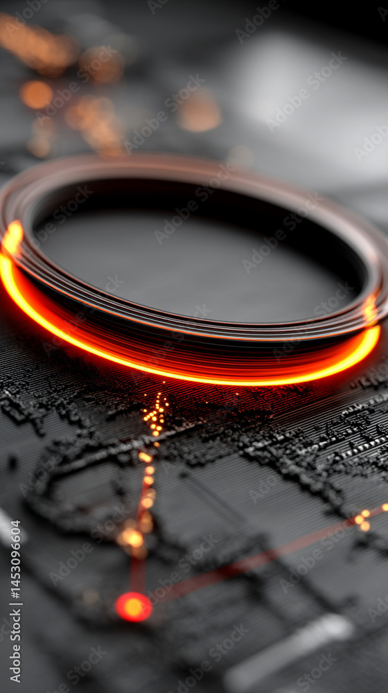 Poster abstract digital background featuring a glowing circular interface with intricate patterns, represen