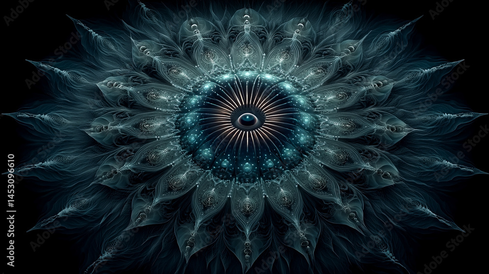 Poster abstract digital background featuring a glowing circular interface with intricate patterns, represen