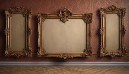 Elegant damask backdrop showcases antique frames, diverse shapes & sizes ,  texture,  shapes
