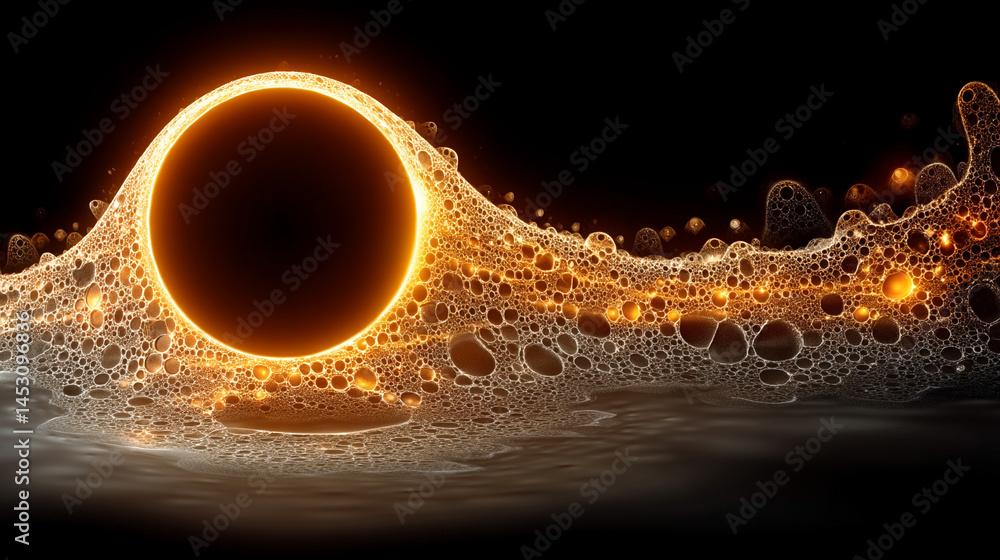 Poster abstract digital background featuring a glowing circular interface with intricate patterns, represen