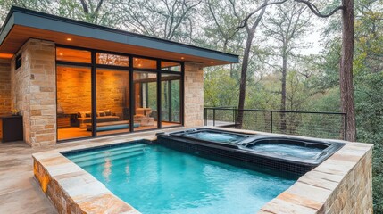 Modern pool & hot tub nestled in wooded hillside retreat