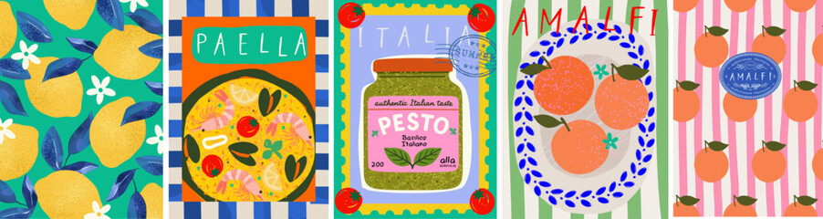 Summer. Italy. Amalfi. Vector illustration of Mediterranean Italian pattern with lemons, pesto sauce in jar, peaches, striped pattern and seafood paella for postage stamp, poster, or background