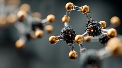 Abstract gold silver white molecule structure background. Close-up of a metallic molecular structure blurred background. Abstract molecular structure with transparent molecules, concept of science