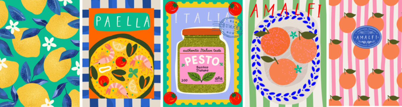 Naklejki Summer. Italy. Amalfi. Vector illustration of Mediterranean Italian pattern with lemons, pesto sauce in jar, peaches, striped pattern and seafood paella for postage stamp, poster, or background