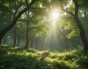 Lush green forest with sunlight dappling leaves, green, deep, vine