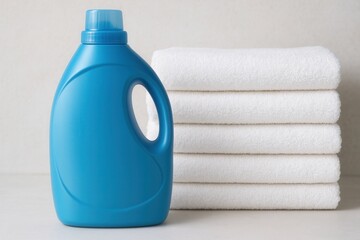 Blue detergent bottle and a stack of white clean towels on a white surface
