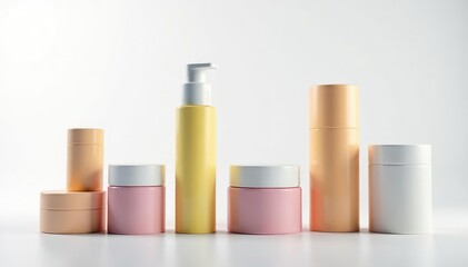 Various cosmetic containers against pure white, photography, composition, powder