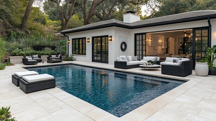 Fototapeta premium Modern poolside patio, hillside home, tranquil setting